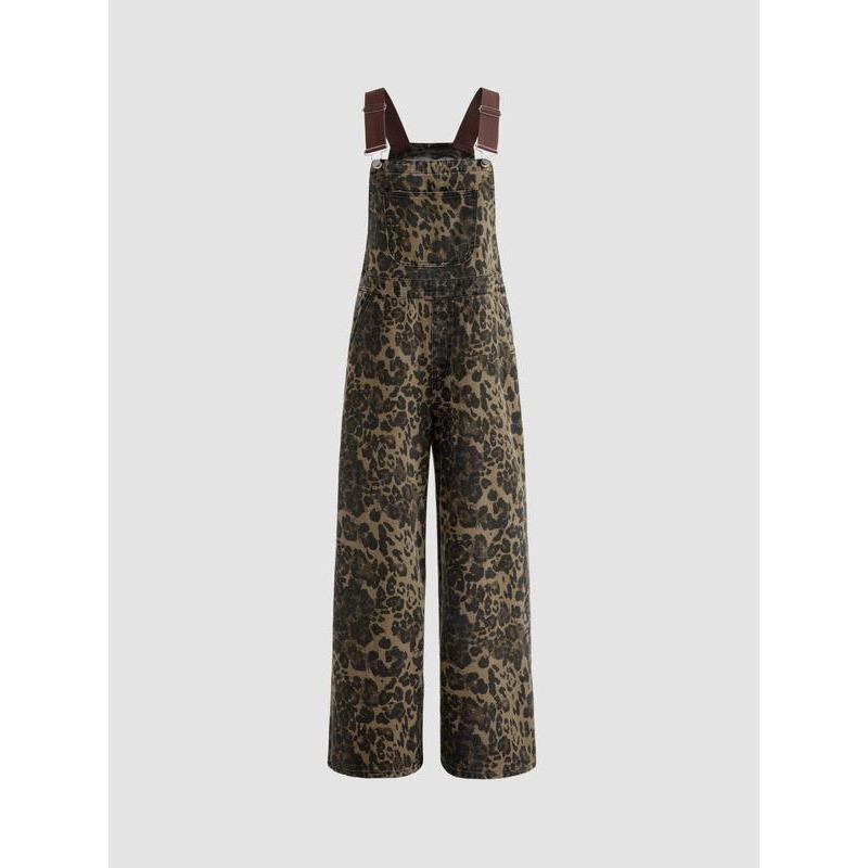 Cider [size 0-26] Denim Leopard Pocket Buckle Up Wide Leg Jumpsuit, Overalls