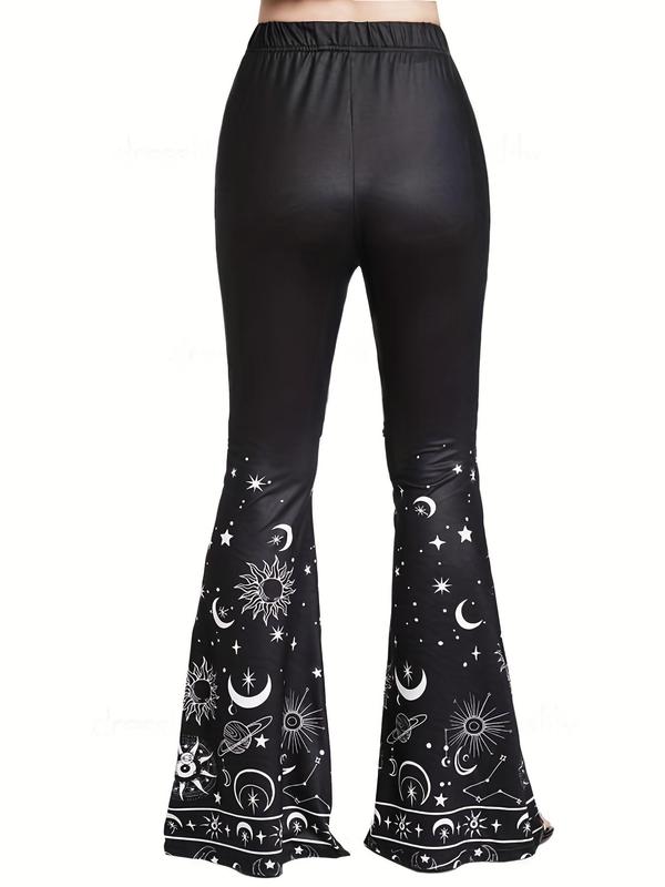 Women's Star & Moon Print High Waist Flare Leg Pants, Casual Comfort Elastic Waist Bell Bottom Trousers for Daily Outdoor Wear, Comfort Womenswear, Lady Bottoms for All Seasons