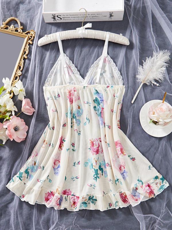 Women's Floral Print Lace Trim Bow Front Cami Nightdress & Sheer Thong Set, Casual Sweetheart Neck Ruffle Hem Nightgown & Panty, Summer Mesh Sleepwear