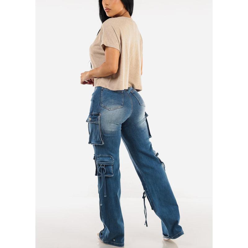 High Waisted Cargo Denim Jeans Med Wash