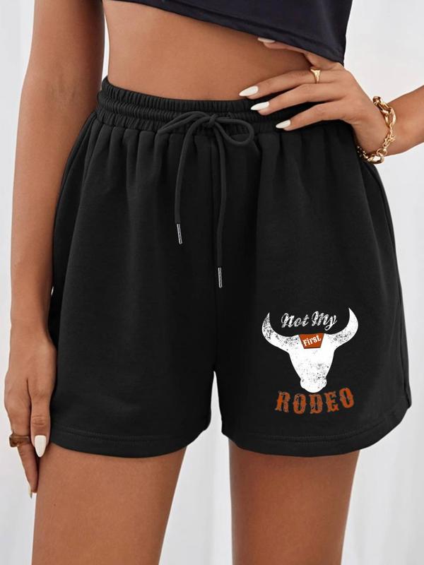 Women's Rodeo Print Drawstring Waist Shorts, Casual Straight Leg Shorts, Women's Summer Bottoms for Daily Wear