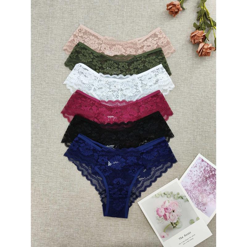 6pcs Floral Lace Briefs, Comfy & Breathable Scallop Trim Panties, Women's Lingerie & Underwear