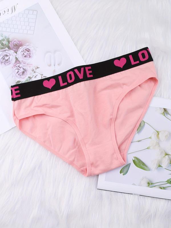  Letter & Heart Tape Waist Briefs, Soft Comfy Breathable High Waist Knicker for Daily Wear, Women's Underwear for All Seasons