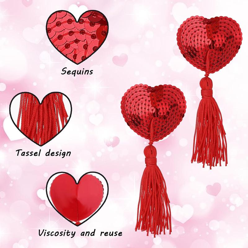 1 Pair Women Reusable Breast Pasties, Heart-Shaped Breast Bra with Sequins Tassel Adhesive Nipple Cover Stickers Bikini Womenswear Underwear Strapless