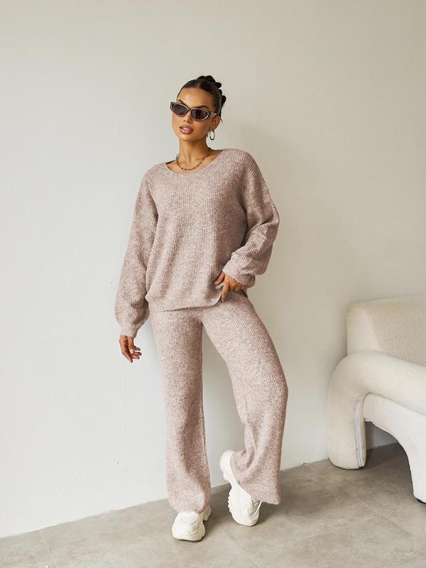 Two-piece Set Women's Solid Drop Shoulder Sweater & Elastic Waist Pants Set, Casual Fashion Cozy Knitwear Set for Daily Outdoor Wear,  2 Piece Sets Women, Women Knitwear Sets for Fall & Winter