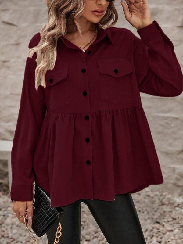 Plus Size Plain Flap Pocket Ruffle Hem Button Front Shirt, Casual Long Sleeve Collared Peplum Top for Fall & Winter, Fall Outfits, Women's Clothes for Daily Wear, Fall Womenswear Longsleeves