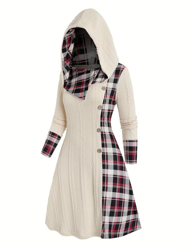 Women's Plaid Patchwork Print Button Front Hooded Cape Dress, Casual Long Sleeve A Line Dress for Fall & Winter, Women's Clothing for Daily Wear