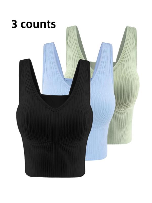 Women's Solid Backless Bra with Removable Chest Pad, Casual Rib Wireless Lingerie for Daily Wear, Summer Wear 2024, Softness Lingerie for All Seasons