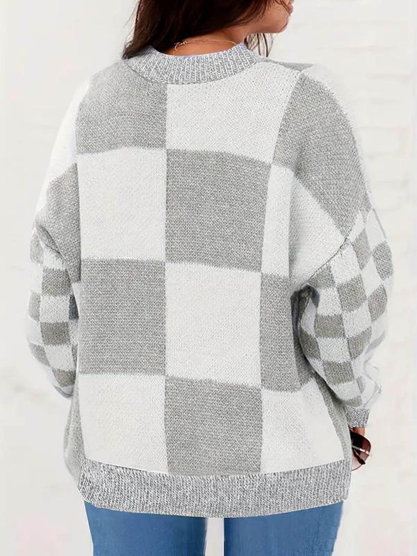 Women's Plaid Print Drop Shoulder Sweater, Casual Long Sleeve Round Neck Jumper for Fall & Winter, Fall Clothing Women, Going Out Tops, Fashion Ladies' Knitwear for Daily Wear