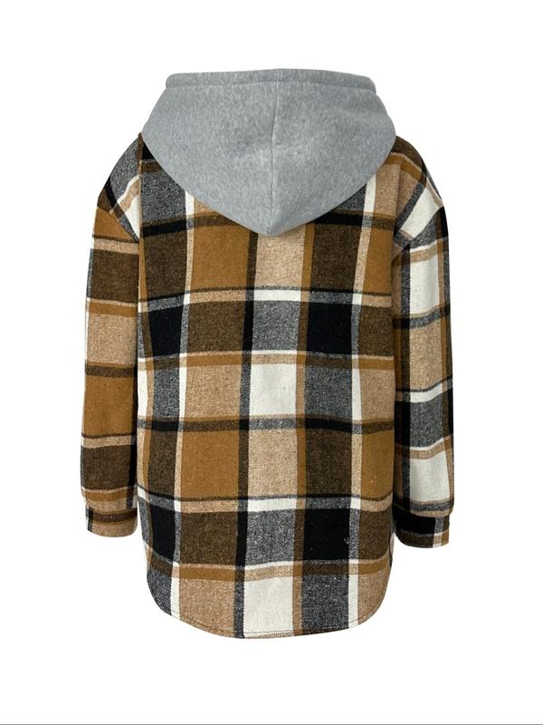 Women's Plaid Button Front Drop Shoulder Hooded Jacket, Casual Tops, Long Sleeve Drawstring Pocket Outerwear for Daily Wear, Winter Clothes Women 2024, Ladies Clothes for All Seasons