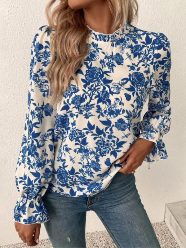 Women's Floral Print Frill Trim Flounce Sleeve Vintage Blouse, Longsleeves Womenswear, Lady Casual Mock Neck Long Sleeve Top For Spring & Fall, Comfort Women's Clothes for Daily Wear