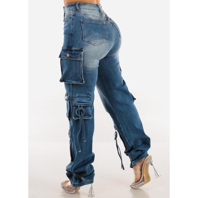 High Waisted Cargo Denim Jeans Med Wash