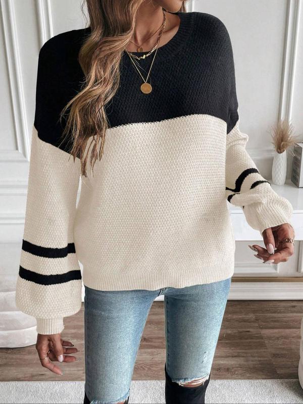 Women's Patchwork Lantern Sleeve Sweater, Casual Long Sleeve Round Neck Jumper for Fall & Winter, Fall Outfits, Fashion Women's Knitwear for Daily Wear, Sweaters for Women, Fall Sweaters, Fall Outfits, Fallfreshness