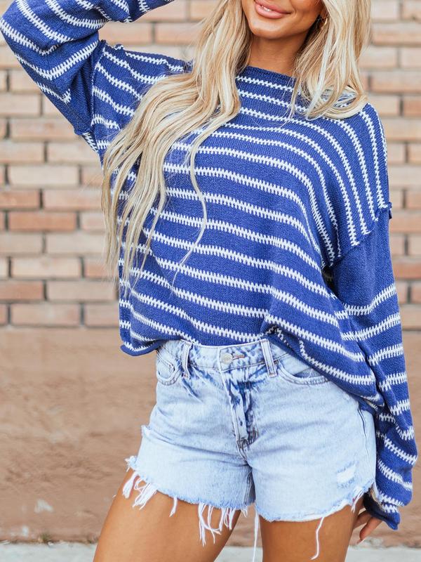 Women's Striped Print Drop Shoulder Sweater, Casual Top Stitching Long Sleeve Round Neck Jumper for Spring & Fall, Fashion Women's Knitwear for Daily Wear