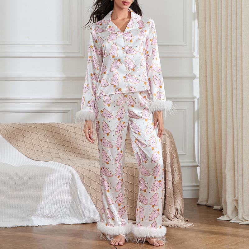 Women's Christmas 2 Pcs Pajama Set Long Sleeve Xmas Print Shirt Tops with Pants Sleepwear Loungewear Xmas Pjs