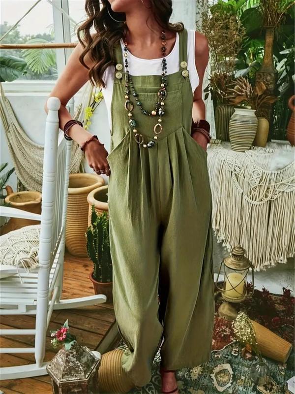 Women's Solid Button Plicated Wide Leg Jumpsuit without Inner Top & Necklace, Fashion Casual Sleeveless Pocket Jumpsuit for Daily Outdoor Wear, Ladies Clothes for All Seasons