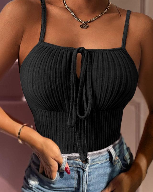 Chicme Tied Detail Ribbed Cami Top align tank croptopswomenlatina Fit Sleeve Spaghetti Spaghetti Strap