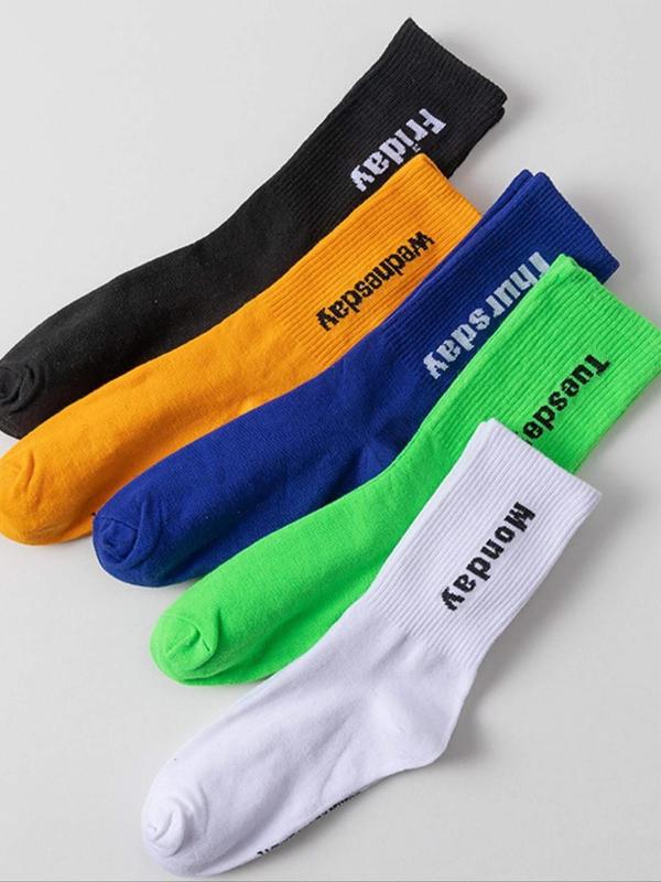 Women's 5 Pairs Letter Print Mid-calf Socks, Athletic Running Socks, Soft Comfort Breathable Socks for Women, Mixed Color Mid Tube Socks, Multipack Ribbed Knit Crew Socks, Women's Socks & Hosiery