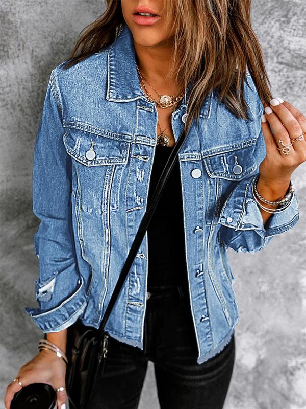 Women's Plain Button Front Raw Hem Denim Jacket, Casual Long Sleeve Collared Pocket Outerwear for Daily Wear, Ladies Tops Clothes for All Seasons