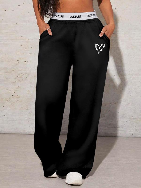 Women's Heart Print Pocket Wide Leg Sweatpants, Casual Comfy High Waist Letter Tape Trousers for Daily Wear, Ladies Bottoms for All Seasons