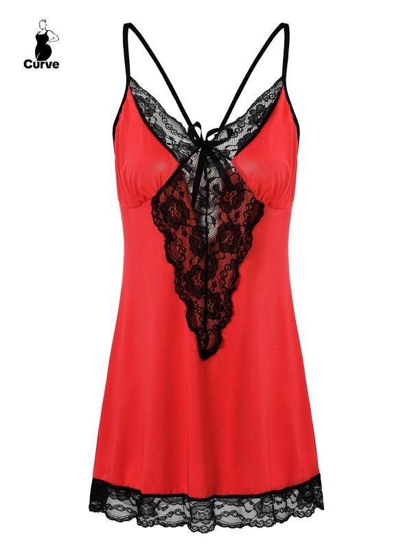 @ShopwithJulie Collection Women's Contrast Lace Criss Cross Cami Nightdress, Elegant Bow Decor Sheer Nightgown, Plus Size Homewear for Indoor, Women's Summer Wear 2024