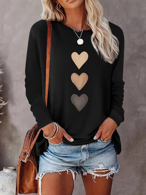 Women's Heart Print Round Neck T-shirt, Casual Long Sleeve Crew Neck T-shirt for Spring & Fall, Fashion Women's Top for Daily Wear