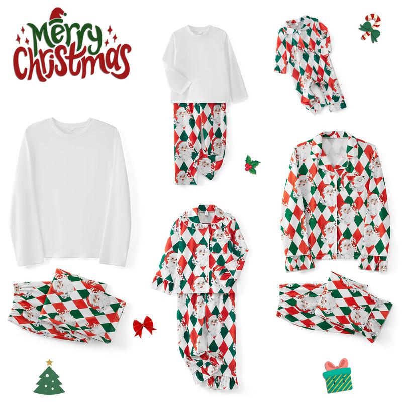 New Family Matching Christmas Pajama Set, Diamond Grid Santa Long Sleeve Tops Elastic Waist Pants