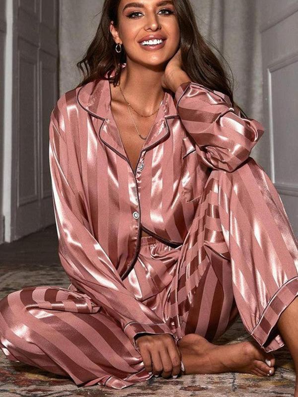 Two-piece Set Chic Striped Print Contrast Binding Satin Pajama Set, Elegant Style Comfortable Long Sleeve Pocket Shirt & Pants Loungewear Nightwear Set, Lady Homewear, Summer Wear 2024, Womenswear Pyjamas, Pajama Sets Women, Please Purchase A Size Up