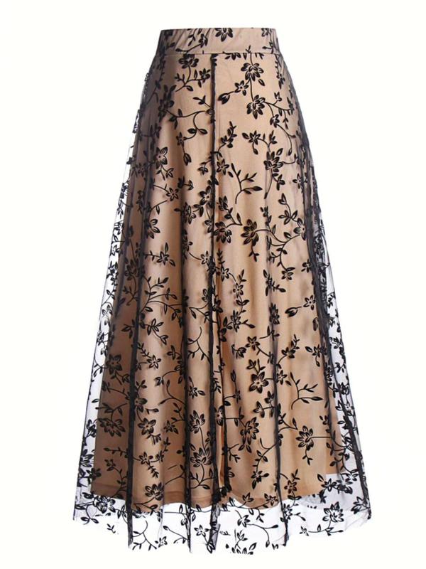 Women's Floral Embroidery Contrast Mesh A Line Skirt, Elegant High Waist Midi Skirt for Party Holiday Wedding Guest, Ladies Bottoms for All Seasons Long Skirt