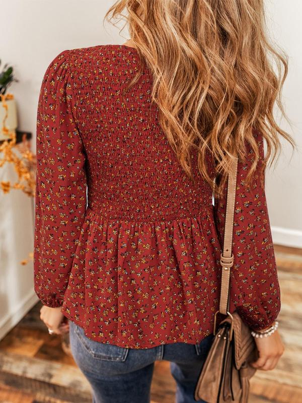 Women's Ditsy Floral Print Peplum Shirred Blouse, Peplum Top, Going Out Tops, Casual Bishop Sleeve Round Neck Top for Daily Wear, Ladies Clothes for Fall, Stockholm Outfit Style