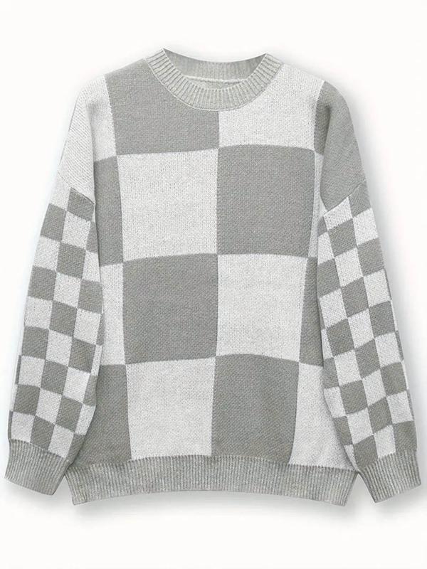 Women's Plaid Print Drop Shoulder Sweater, Casual Long Sleeve Round Neck Jumper for Fall & Winter, Fall Clothing Women, Going Out Tops, Fashion Ladies' Knitwear for Daily Wear