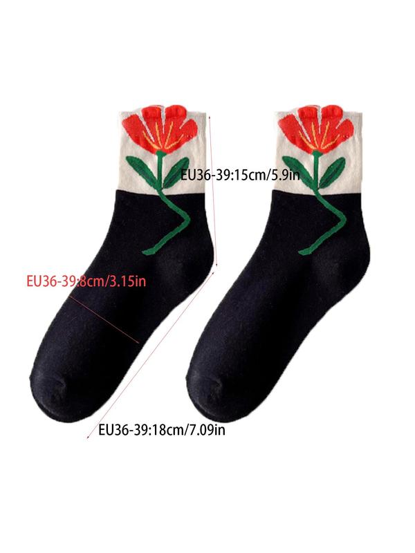 Women's 5 Pairs Floral Print Crew Socks, Fashion Casual Comfy Socks for Daily Outdoor Wear, Ladies Socks for All Seasons