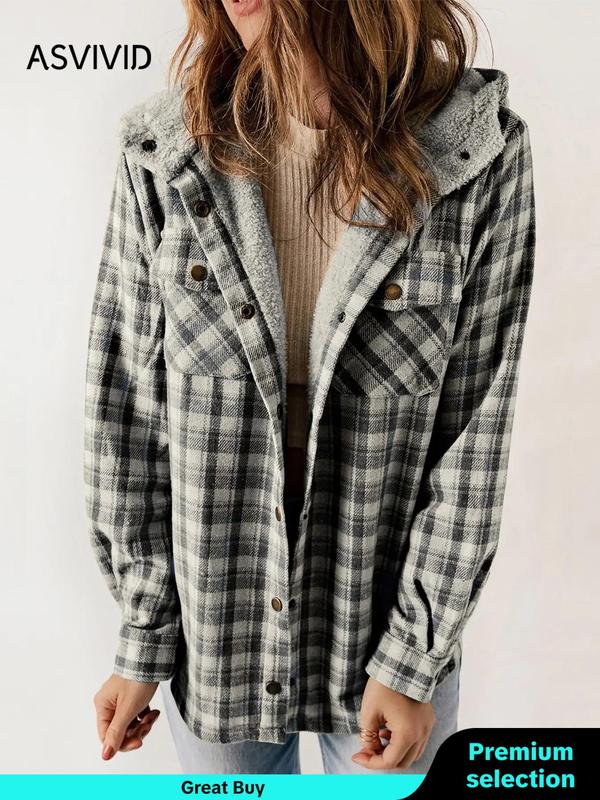 Women's Plaid Print Button Front Hooded Coat, Casual Mufti Clothes, Long Sleeve Pocket Coat for Fall, Ladies Outerwear for Daily Wear, Fall Outfits