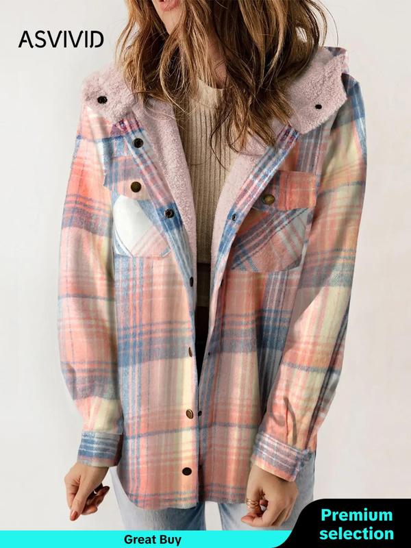 Women's Plaid Print Button Front Hooded Coat, Casual Mufti Clothes, Long Sleeve Pocket Coat for Fall, Ladies Outerwear for Daily Wear, Fall Outfits