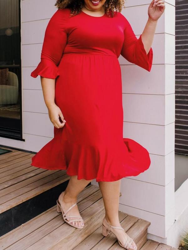  Plain Ruffle Flounce Sleeve Mermaid Dress, Elegant Round Neck 3 4 Sleeve Dress for Party Holiday Wedding Guest, Women's Clothes for Fall & Winter