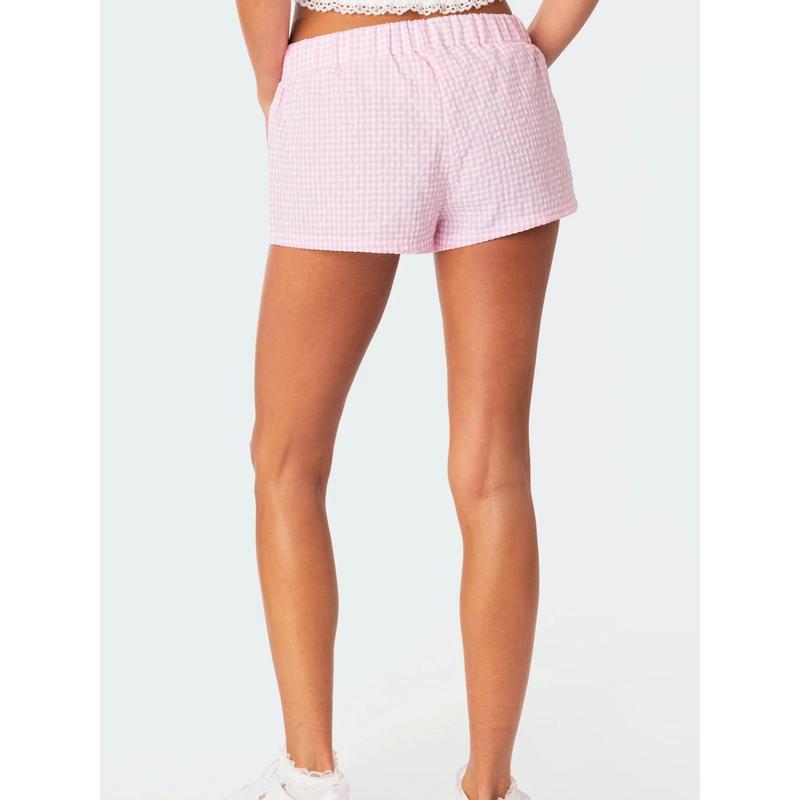 Women's Summer Casual Shorts Plaid Print Elastic Waist Loose Short Pants Pull On Lounge Shorts Womenswear Bottom