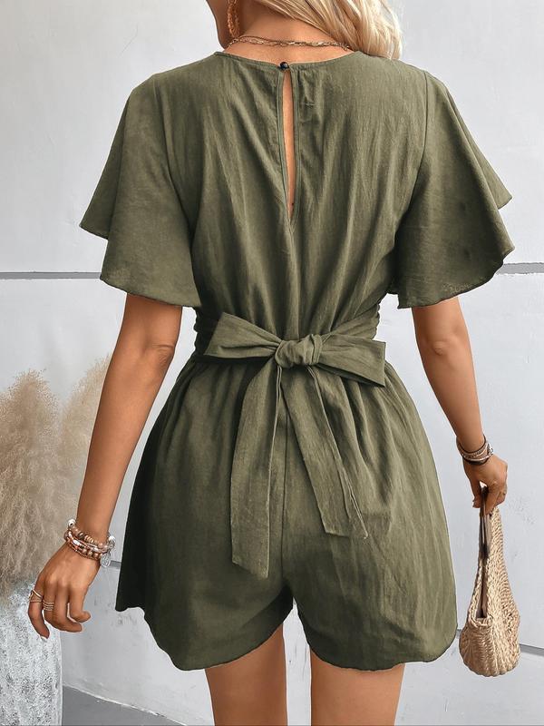 Women's Twist Butterfly Sleeve Romper, Casual V Neck Wide Leg Jumpsuit,  Rompers for Women, Ladies Summer Clothes for Daily Wear