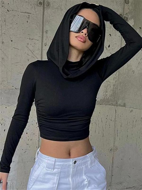 Women's Solid Ruched Longsleeves Hooded Crop Tee,  T Shirts for Women, Casual Comfort Long Sleeve T-shirt for Spring & Fall, Women's Clothes for Daily Wear, Basic Minimalist Tops for Lady, Womenswear