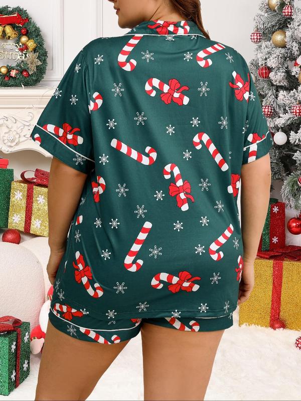  Two-Piece Set Christmas Candy Cane Print Lapel Neck Pajama, Casual Comfy Half Sleeve Pocket Shirt & Shorts Set, Women's Sleepwear for All Seasons