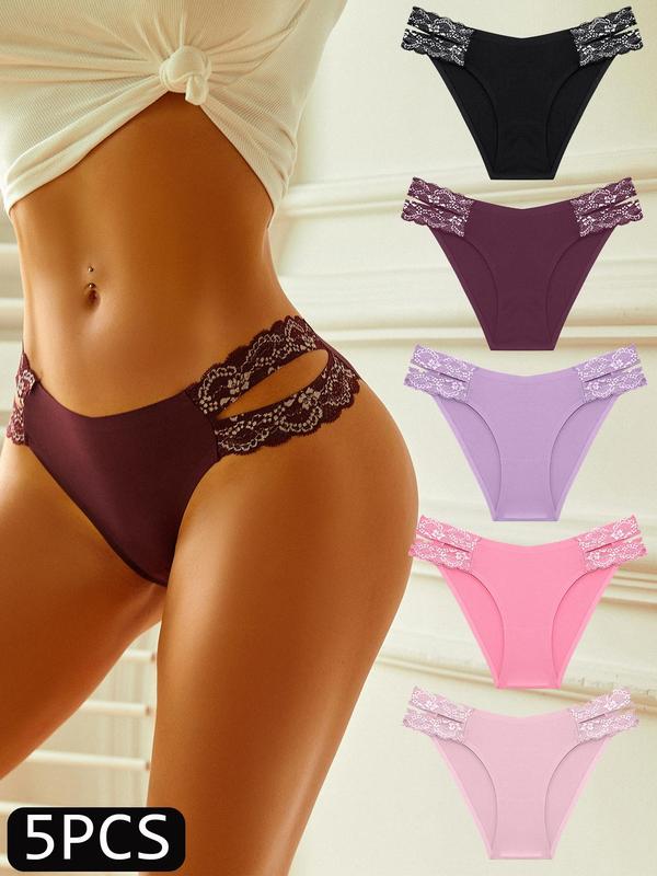 Women's 5pcs Contrast Floral Lace Thong, Soft Comfy Breathable Underwear for All Seasons, Women's Knickers for Daily Wear