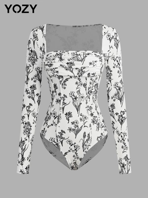 YOZY Black Friday Deals, Women's Floral Print Ruched Corset Ribbed Bodysuit, Snap Button Closure Crotch Long Sleeve Square Neck Bodysuit for Fall, Women's Clothes for Daily Wear, Christmas 2024 Trend, Thanksgiving Clothes, Fall Clothes, Winter Clothes