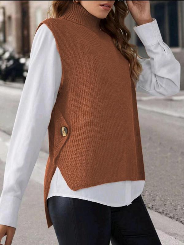 Women's Plain Button Detail High Low Split Sweater Vest, Casual Turtleneck Sleeveless Knit Top, Ladies Fall & Winter Clothes for Daily Wear, Fall Outfits, Fallfreshness