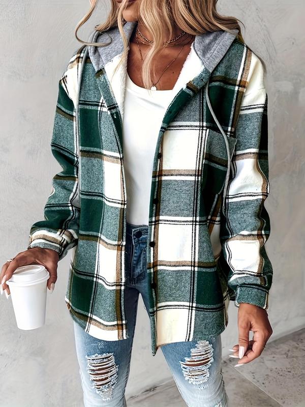 Women's Plaid Button Front Drop Shoulder Hooded Jacket, Casual Tops, Long Sleeve Drawstring Pocket Outerwear for Daily Wear, Winter Clothes Women 2024, Ladies Clothes for All Seasons