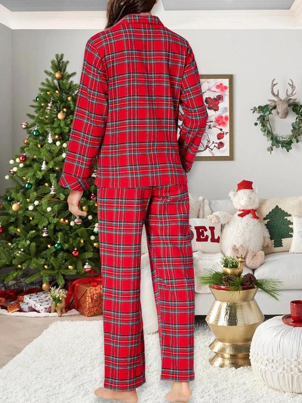 Two-Piece Set Couple's Plaid Print Button Front Pajama Set, Casual Comfy Lapel Long Sleeve Top & Elastic Waist Pants PJ Set, Couple Sleepwear for All Seasons