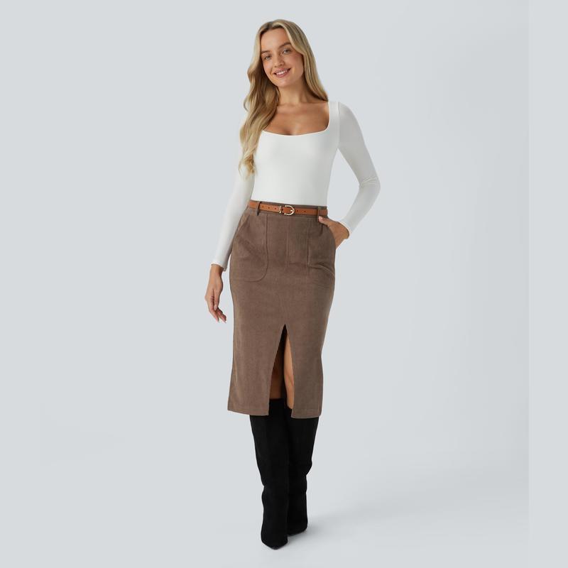 Halara Mid Rise Side Pocket Split Midi Corduroy Casual Skirt