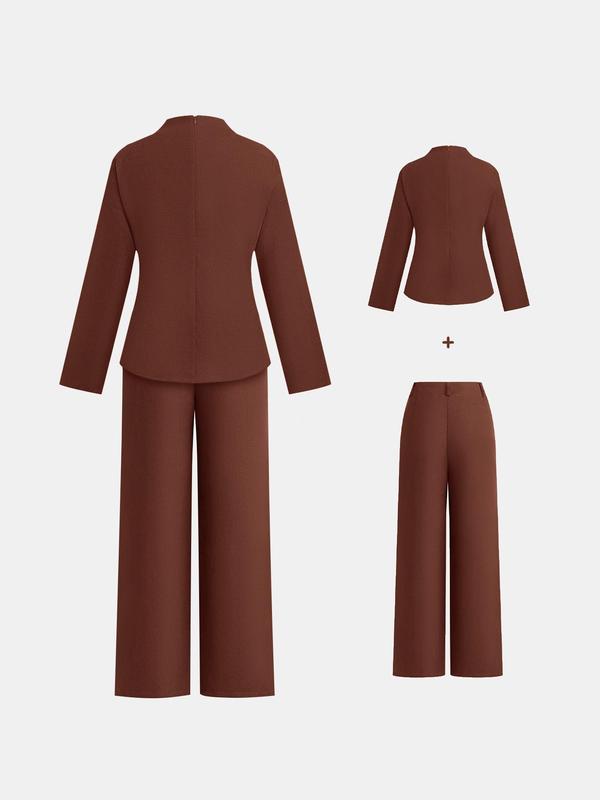 Black Friday Deals YOZY Two-Piece Set Women's Solid Twist Ribbon Front Drop Shoulder Top & Pants, Casual Mock Neck Zipper Back Long Sleeve Top & Straight Leg Trousers Set for Spring & Fall, Christmas 2024 Trend,Thanksgiving Outfits,Winter Outfits