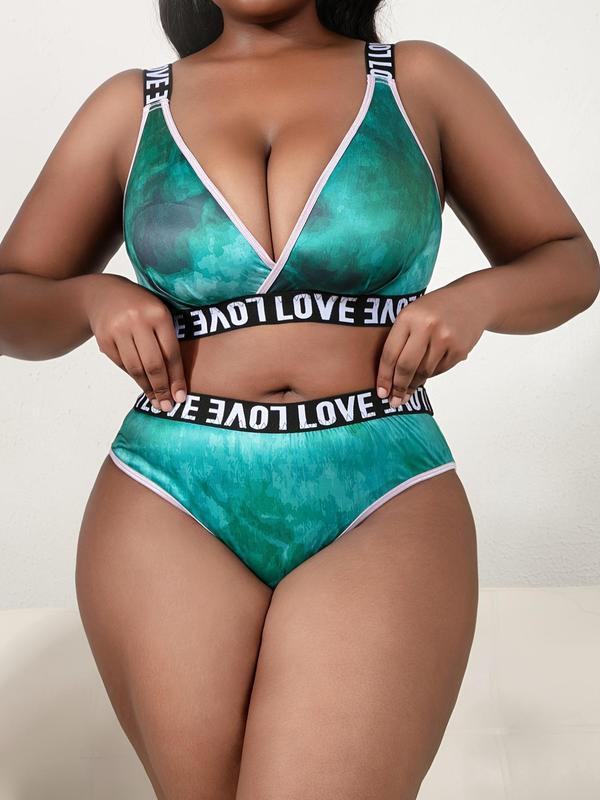 Women's Plus Size Two-Piece Set Tie Dye Print Contrast Letter Tape V Neck Push Up Bra & Panty Set, Comfort Cozy Casual Two-piece Lingerie Set for All Seasons, Women's Comfortable Soft Casual Two-piece Suit, Ladies Plus Size Underwear