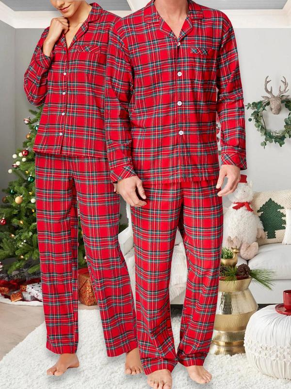 Two-Piece Set Couple's Plaid Print Button Front Pajama Set, Casual Comfy Lapel Long Sleeve Top & Elastic Waist Pants PJ Set, Couple Sleepwear for All Seasons