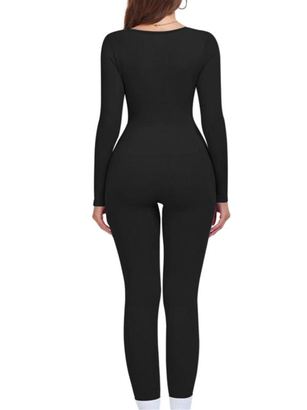 Women's Solid Textured Long Sleeve Bodysuit, Casual Comfy U Neck Yoga Clothes for Daily Wear, Ladies Fall & Winter Clothes