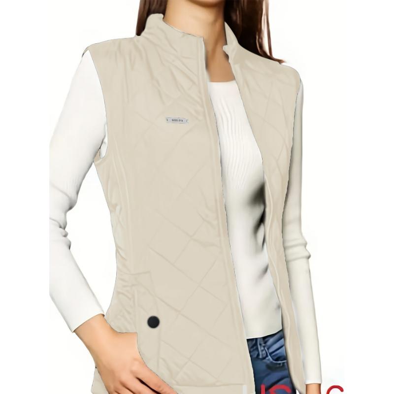 Quilted Puffy Vest for Fall & Winter, Zip-up Sleeveless Lapel Patch Vest with Pockets, Women's Casual Clothing